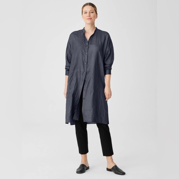 Eileen Fisher Washed Silk Tussah Mandarin Collar Navy Blue Shirtdress - Size XS - Picture 8 of 9